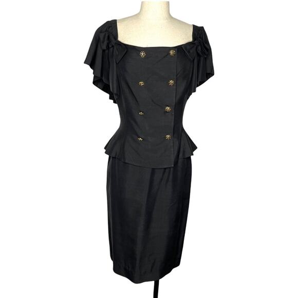 Nipon Boutique 2 Piece Silk Set Blouse and Skirt Peplum Ruffle Bow VTG Black 4 - Picture 10 of 13